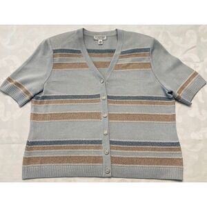 Vintage ST. JOHN Sport Wool Sweater Jacket Short Sleeve‎ Blue Tan Large 1980s